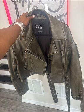 ZARA Olive Faux Leather Biker Jacket with Belt Sz XL